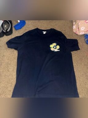 Navy Graphic Tee with Yellow Floral Accent